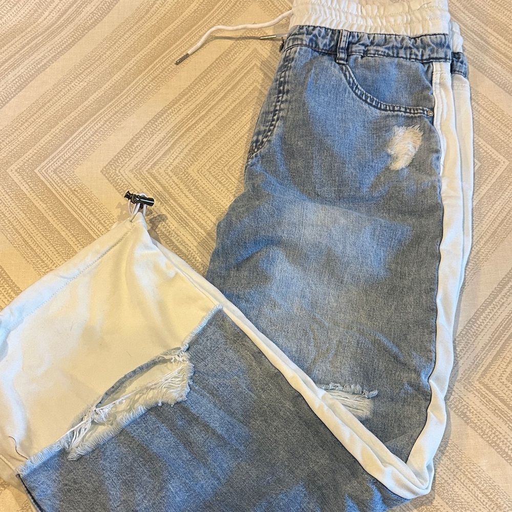 Tractr Reconstructed Ripped Denim Front White French Joggers Size M